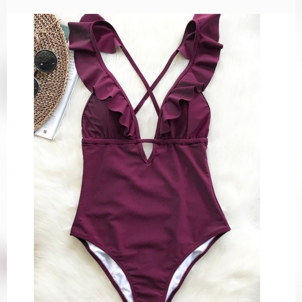 Wine Red Heart Falbala One-Piece Swimsuit